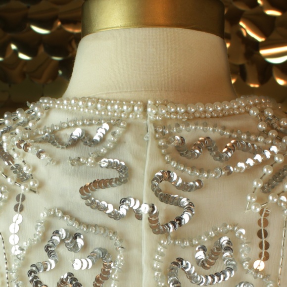 White + Silver Leslie Fay L/S Sequin Dress - Picture 6 of 7